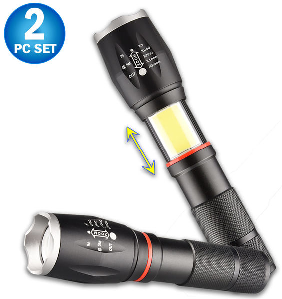 2 Tactical LED Zoomable Flashlight & Retractable COB Work Light Lantern Combo Pro  -  CREE L2 LED Ultra Bright Light, Magnetic Base, Weather Resistant, Military Tough Design & Pocket Size Torch