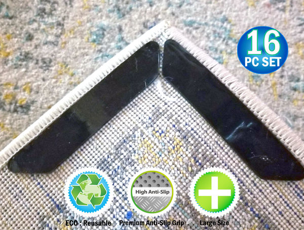 Reusable Carpet Rug Grippers Strips - Reusable Rubber Anti Curling Non Slip Skid Pads - 16pc Set