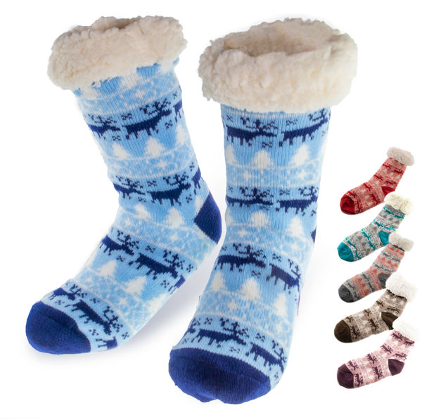 Thick Sherpa Lined Fleece Socks - Super Warm, Cozy & Breathable Winter Christmas Themed Slipper Thermal Socks w/ Anti Slip Silicon Grippers