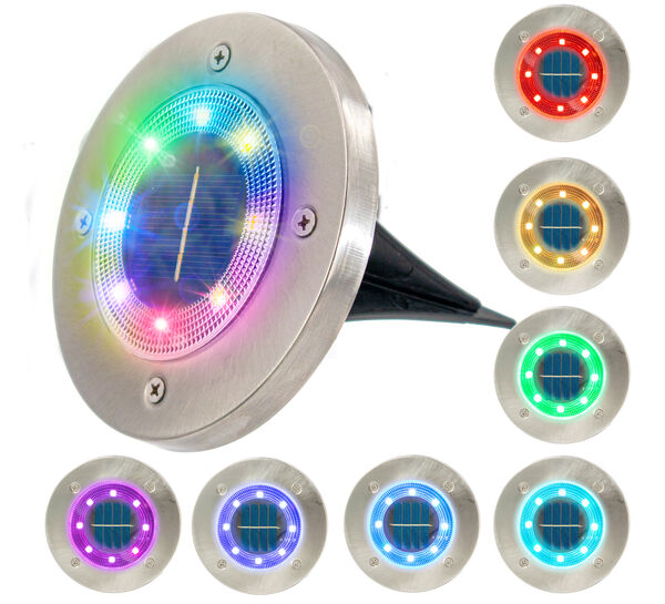 Solar Powered Color LED Outdoor Disc Lights - 8 LED Colorize Changing RGB Ground Pathway Landscape Garden Round Circular Disk Lights - Weatherproof Auto On off - 4pc Set