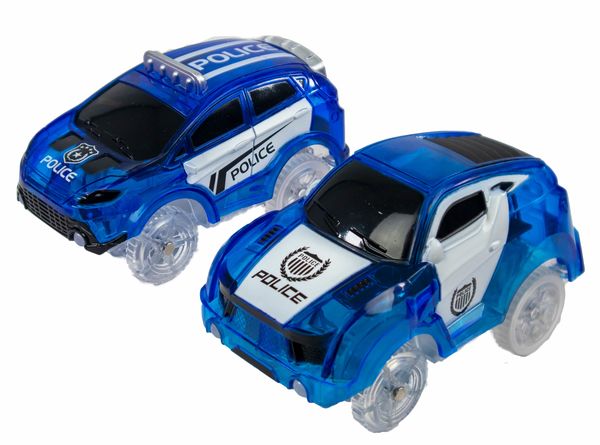 2 Magic Turbo Police Pursuit Race Cars w/ 5 LEDS - Vehicles For Twister Flexible Glow In the Dark Race Car Track Sets