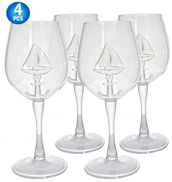 Sail Boat Wine Glass 3D Nautical Sailor Sailboat w/ Anchor Inside Glass - Unique Creative Crystal Goblet Flute Glassware - Sea Wine Glass -  4pc