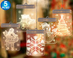 5pc - 3D Hanging LED Christmas Window Curtain Lights - Indoor Holiday Decoration Lights - Christmas Santa, Snowflake, Jingle Bell, Snowman & Christmas Tree for Bedroom, Window, Wedding - Warm White