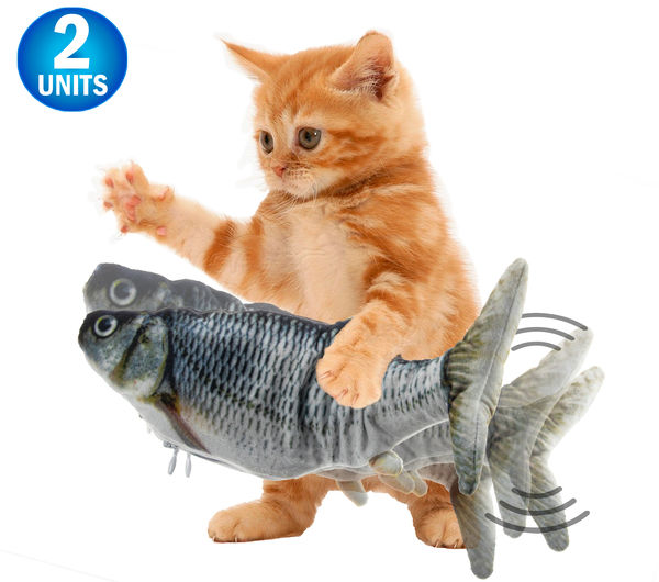 2 - Cat Flipping n Flopping Fish Cat Toy - Realistic Wiggling Interactive Automatic Motion Activate Motorized Plush Cat Toy - USB w/ Catnip Pouch - 2 Speeds