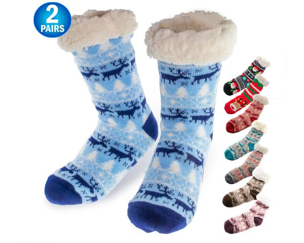 2 - Christmas Fuzzy Sherpa Slipper Socks Lined With Warm Thick Fur Fleece - Thermal w/ Nonslip Grippers - Holiday Christmas Stockings - Ultra Soft Plush Slipper Socks