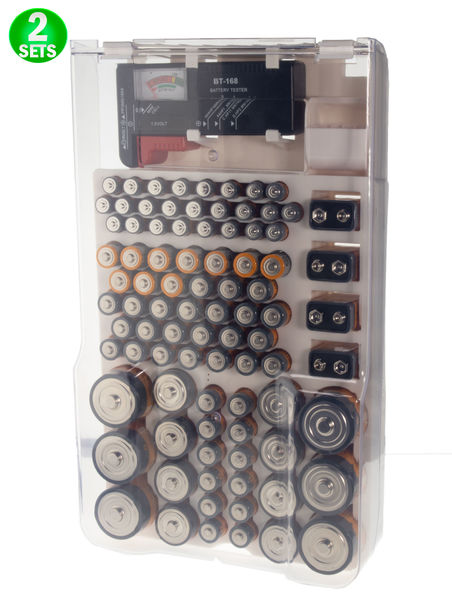 2 Battery Organizer Storage Case Holder Caddy -  Holds 93 Batteries Various Sizes W/ Removable Battery Tester - Wall Mount