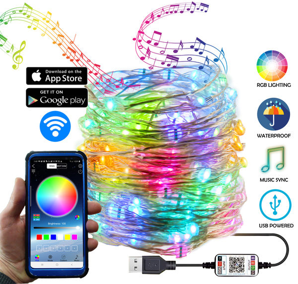 200 LED Fairy String Bluetooth RGB Lights  Indoor/Outdoor Waterproof USB Multi Color Changing Flexible Copper Wire Lights w/ Sync Music & Dynamic Modes - 65 Feet In Length