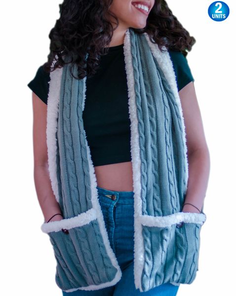 2 Cozy Sherpa Pocket Scarf Wrap Shawl Blanket - Reversible  - Cable Knit Fleece With Inner Lined Sherpa