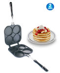 2 Perfect Small Bake & Serve Double Sided Pancake Maker Pan - 4 Round Designs For Eggs, French Toast, Omelette, Flip Jack & Crepes Pan