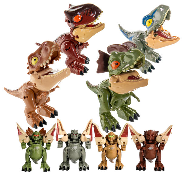 4pc 2 in 1 Dinosaur Robot Transforming Toy - Dinosaur Robot with Movable Limbs, Tail and Mouth, Jurassic Dino Action Figure T-Rex Velociraptor Carnotaurus Dilophosaurus
