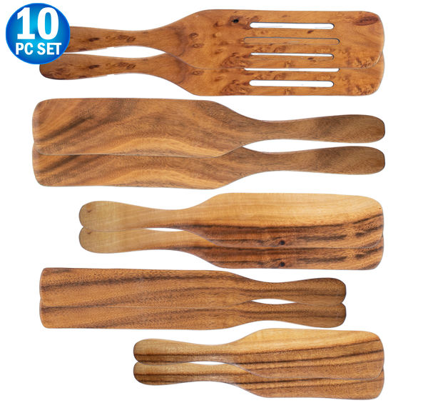 10pc Spurtle Spoon Spatula Cooking Utensil - Natural Teak Wood - Non Stick Wooden Cookware - Stir, Scrape, Flip, Drain, Fold & Smash.