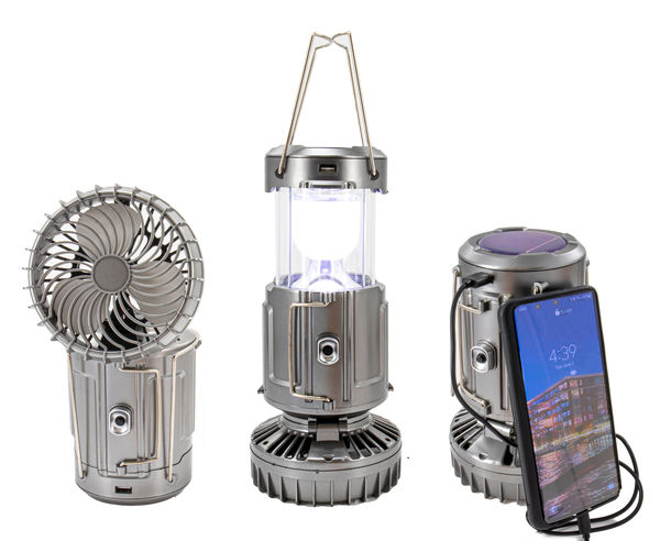 Solar Powered Lantern w/ Fan - Rechargeable Camping Flashlight Lamp w/ Battery Backup - Portable, Adjustable, Collapsible, Solar Charging Station - Rechargeable Fan With Light - Large Size