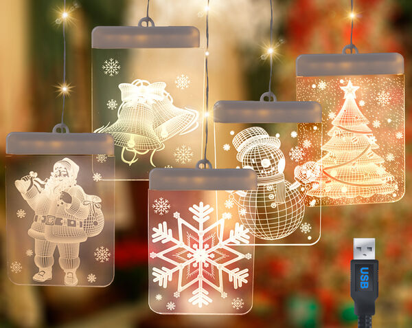 Christmas Window Light Decoration- 3D LED Acrylic Hanging Decor With Icicle Strings : Santa Claus, Snowflake, Snowman,Tree & Jingle Bells - Indoor Holiday Ornament Curtain Lights - USB Powered 5PC Set