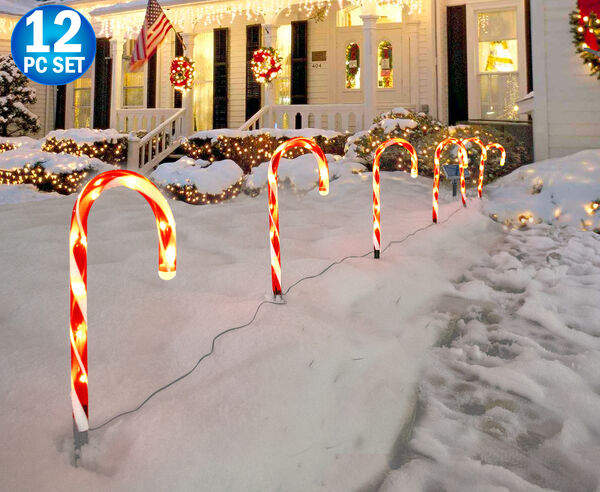 Solar Christmas Candy Cane Lights 12pc Set - Outdoor Stake Christmas Decorations - Waterproof For Patio, Garden, Pathway Markers, Holiday Xmas Walkway Lanscape Garden Decor
