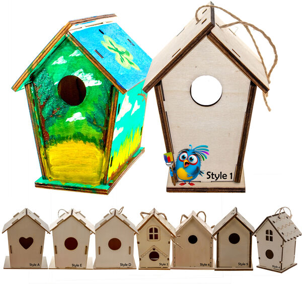 DIY Wood Birdhouse Kit - Easy To Paint & Build Your Own Homemade Bird House - Arts and Crafts for Kids - 8PC SET