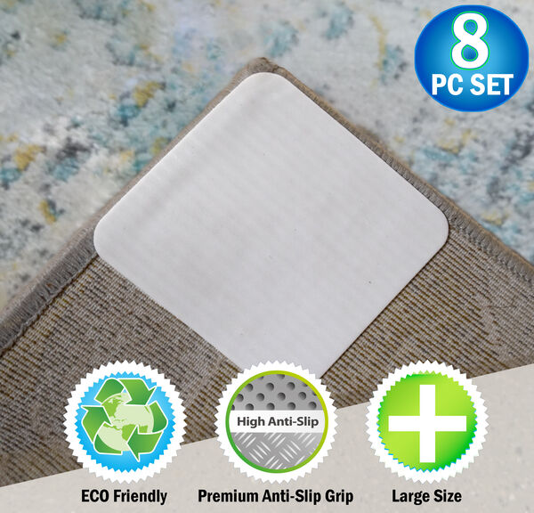 Rug Grippers with Non Slip Vacuum Suction Grip 8pc - Anti-Slip & Curl Prevention Mats - Sqaure, Thin, Reusable & Durable Adhesive Pads Keeps Your Rugs In Place for High Traffic Areas