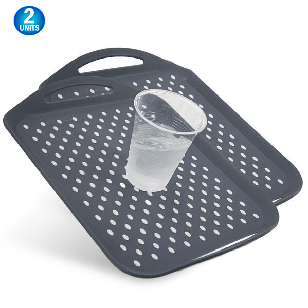 Non Slip Serving Tray With Handles - Rubber Silicone Grip Anti Spill Plastic Food Carrying Tray 2pc - For TV Dinners, Breakfast, Bed & Lap Serving, Coffee Tables, Parties & More.