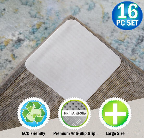 Rug Grippers with Non Slip Vacuum Suction Grip - 16pc - Anti-Slip & Curl Prevention Mats - Sqaure, Thin, Reusable & Durable Adhesive Pads Keeps Your Rugs In Place for High Traffic Areas