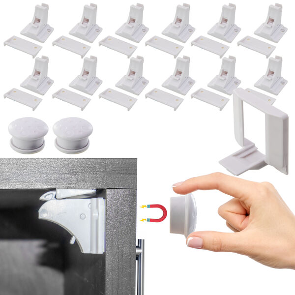 Magnetic Childproof Cabinet Locks - 12pc Set Toddler & Babyproof Drawer & Door Safety Latches - No Drill, Strong Adhesive, Hidden Design - Easy Install with Dual Locking Modes - Perfect for Cabinets and Drawers in Home and Kitchen