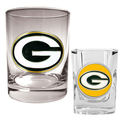 Green bay Packers NFL Rocks Glass & Shot Glass Set - Primary logogreen 
