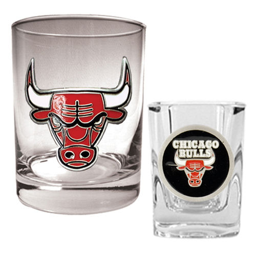 Chicago Bulls NBA Rocks Glass & Square Shot Glass Set - Primary Logo