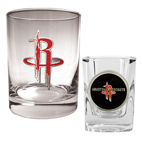Houston Rockets NBA Rocks Glass & Square Shot Glass Set - Primary Logo
