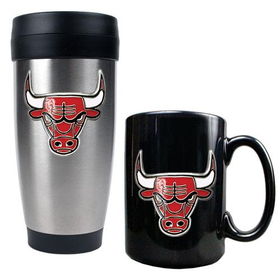 Chicago Bulls NBA Stainless Steel Travel Tumbler & Black Ceramic Mug Set - Primary Logochicago 