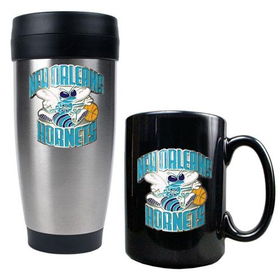 New Orleans Hornets NBA Stainless Steel Travel Tumbler & Black Ceramic Mug Set - Primary Logoorleans 
