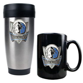 Dallas Mavericks NBA Stainless Steel Travel Tumbler & Black Ceramic Mug Set - Primary Logodallas 