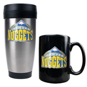 Denver Nuggets NBA Stainless Steel Travel Tumbler & Black Ceramic Mug Set - Primary Logodenver 