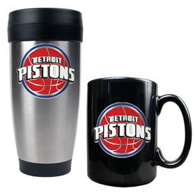 Detroit Pistons NBA Stainless Steel Travel Tumbler & Black Ceramic Mug Set - Primary Logodetroit 